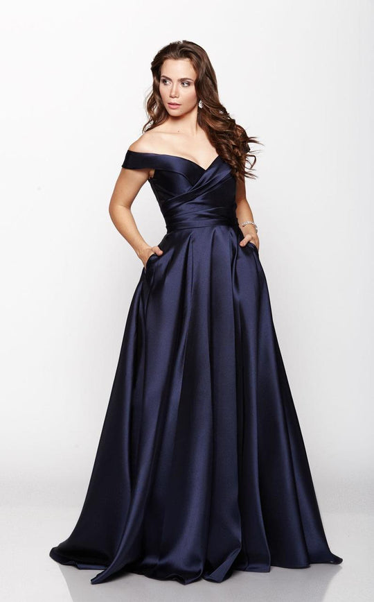 Milano Formals - Ruched Off Shoulder Long Dress in Navy E2046  in Blue