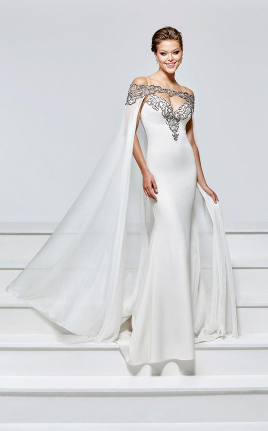 Tarik Ediz - Thin Strapped Fitted Gown with Cape 93153 in White
