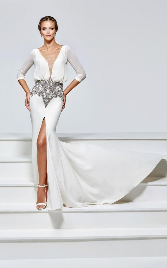 Tarik Ediz - Jeweled V-Neck Sheath Gown 93155 in White