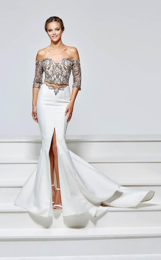 Tarik Ediz - 93158 Embroidered Two Piece Off-Shoulder Gown In Neutral