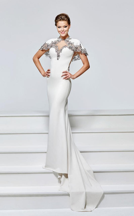 Tarik Ediz - Caped Illusion Neck Dress 93159 in White