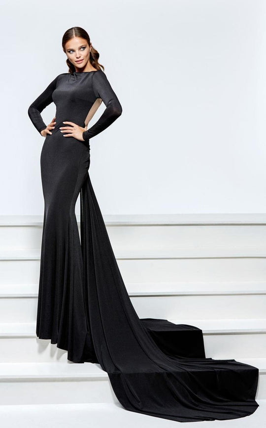 Tarik Ediz - Long Sleeves Bateau Neck Gown 93176 in Black