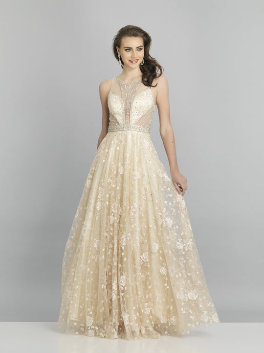 Dave & Johnny - A7648 Bedazzled Jewel Neck Lace A-line Gown In Neutral