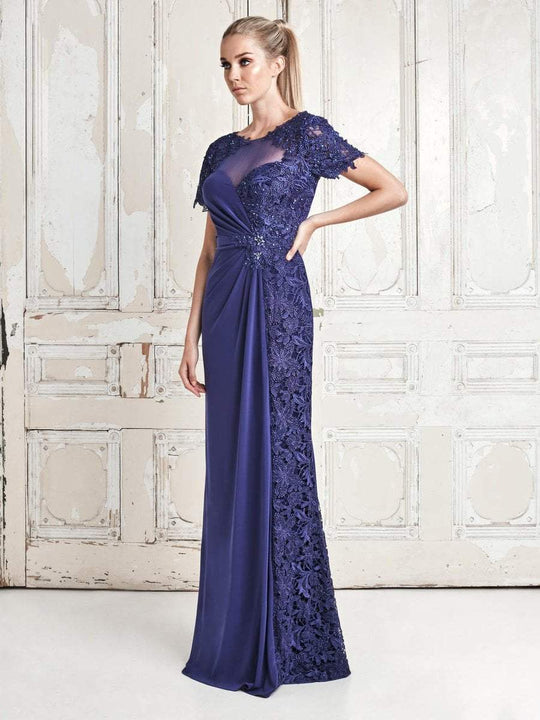 Daymor Couture - 764 Beaded Lace Bateau Neck Sheath Dress In Purple