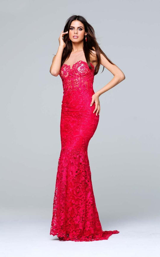 Tarik Ediz - Lace Illusion Neck Dress 50089 in Red