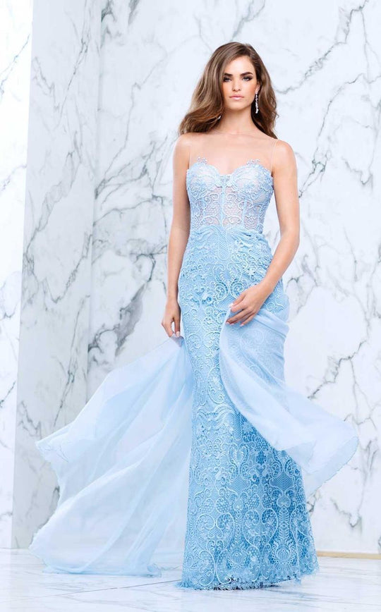 Tarik Ediz - Lavish Lace Sheer Evening Dress  50103 in Blue