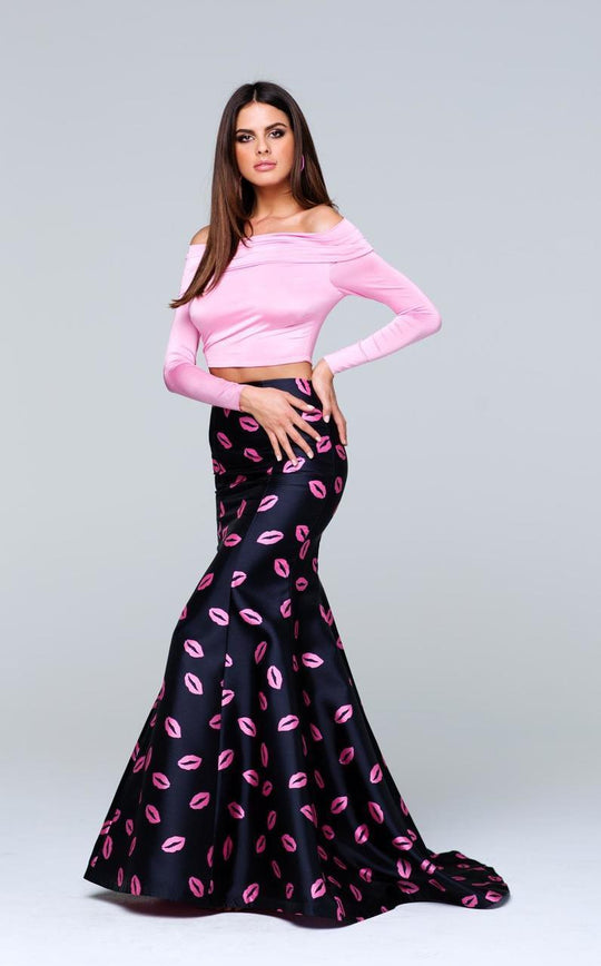 Tarik Ediz - Two-Piece Print Off-The-Shoulder Neck Dress 50112 in Pink
