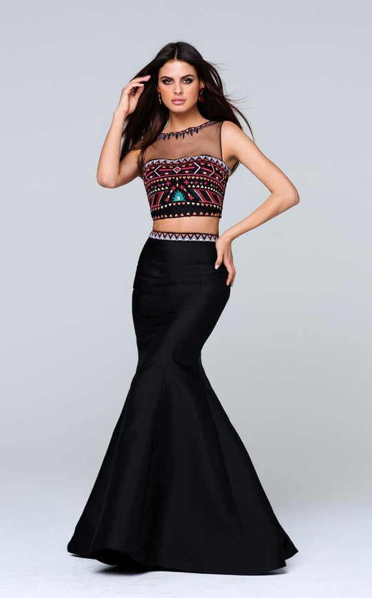 Tarik Ediz - Illusion Neckline Two-Piece Long Dress 50113 in Black