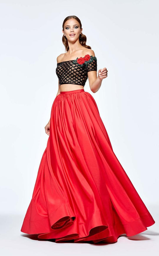 Tarik Ediz - Two-Piece Beaded Off-The-Shoulder Neck Dress 93102 in Black and Red