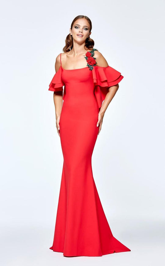 Tarik Ediz - Off-the-Shoulder Ruffle Sleeves Dress 93108 in Red