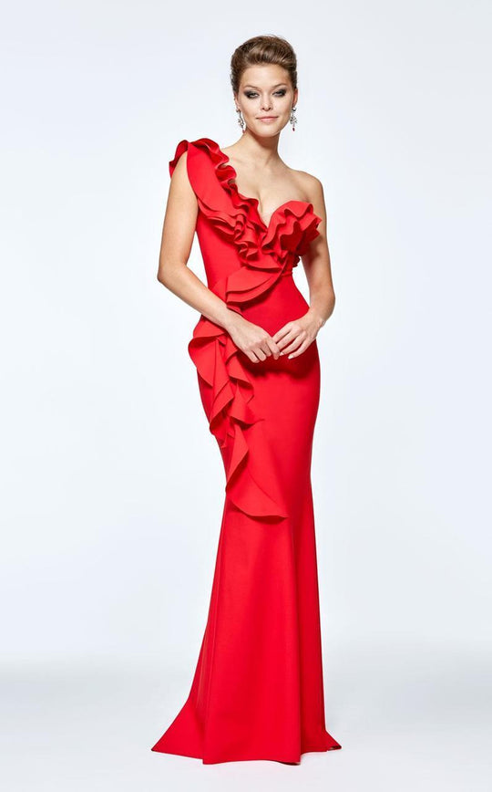 Tarik Ediz - Luxurious One Shoulder Ruffle Evening Gown 93110 in Red