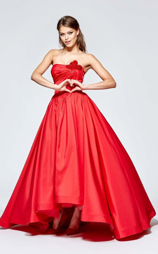 Tarik Ediz - Jeweled Straight Neck Ballgown 93121 in Red