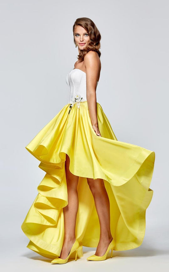 Tarik Ediz - Floral-accented High Low Dress 93137 in Yellow and White