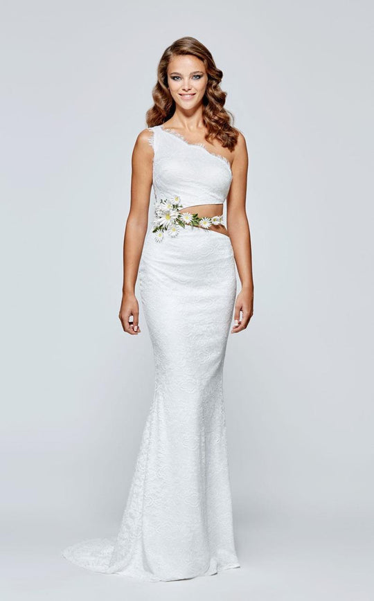 Tarik Ediz - One-Shoulder Lace Long Gown 93138 in White
