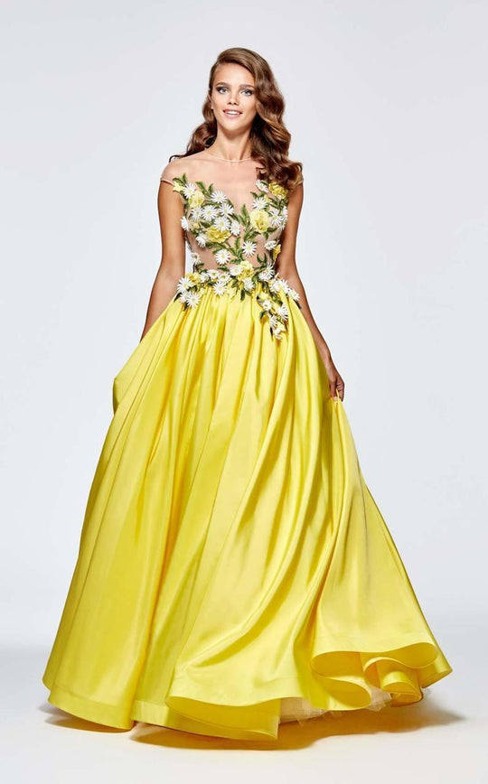 Tarik Ediz - Floral Illusion Jewel Neck Dress 93143 in Yellow