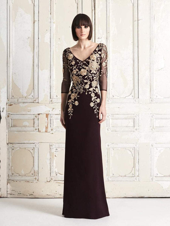 Daymor Couture - 765 Floral Embroidered Illusion Evening Dress In Purple and Gold