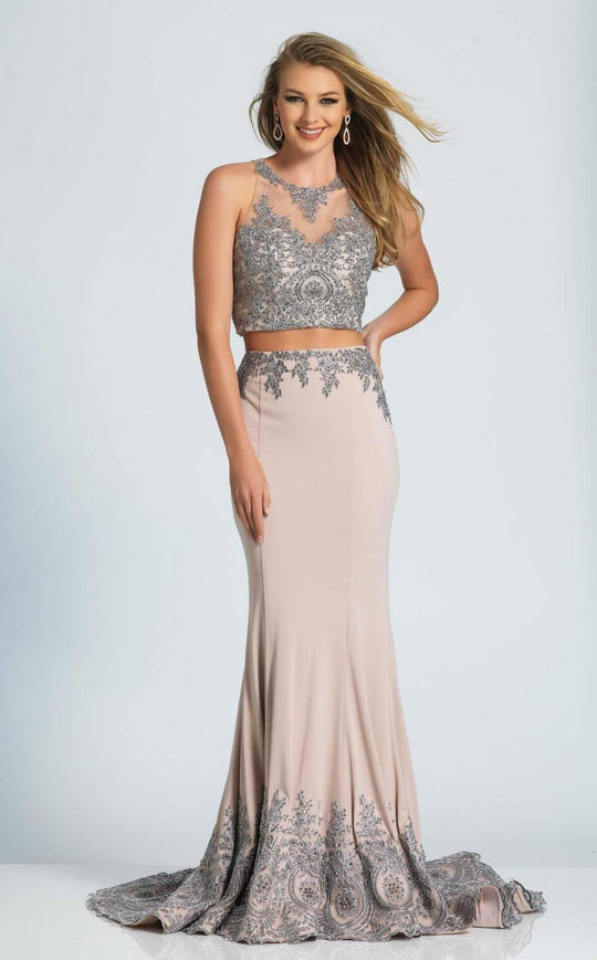 Dave & Johnny - A4415 Illusion Jewel Lace Sheath Gown in Neutral