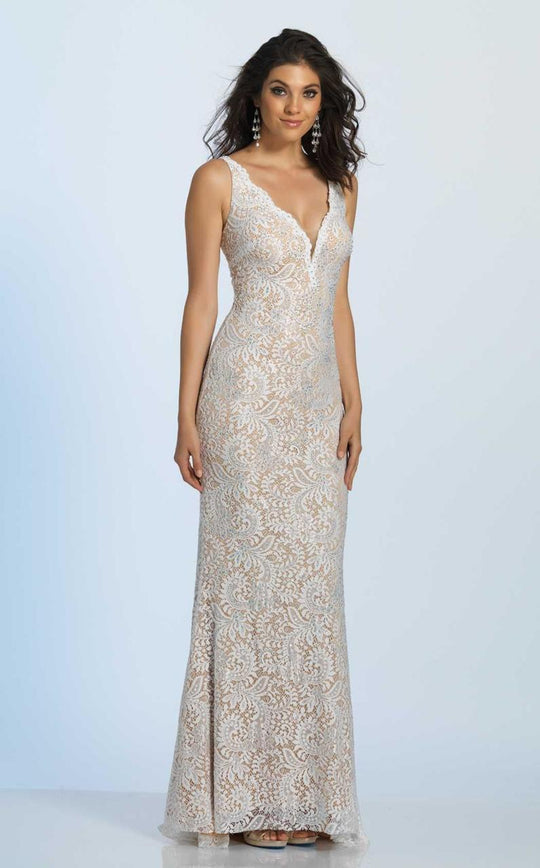 Dave & Johnny - A5022 Scalloped Plunging V-Neck Lace Gown in White