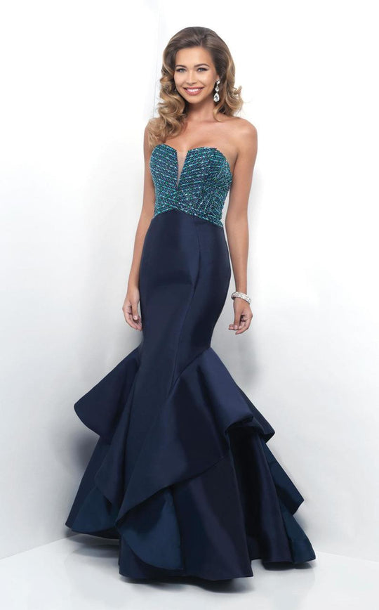 Blush - 11253 Beaded Strapless Ruffled Mermaid Gown In Blue