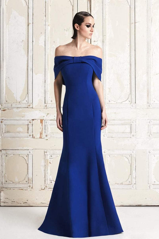 Daymor Couture - 767 Draping Ribbon Paneled Off Shoulder Gown In Blue
