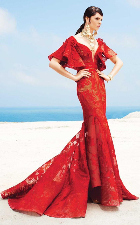 MNM Couture - 2342 Lace V-neck Mermaid Dress in Red