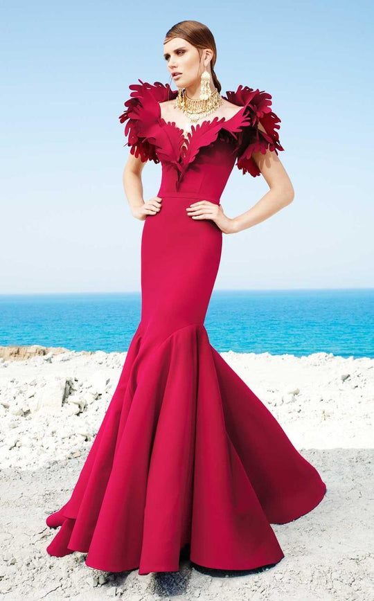 MNM Couture - 2346 Lavish Leaves Ruffled Mermaid Gown in Pink and Red