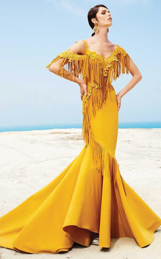 MNM Couture - 2347 Embellished Cold Shoulder Fringed Evening Gown in Yellow