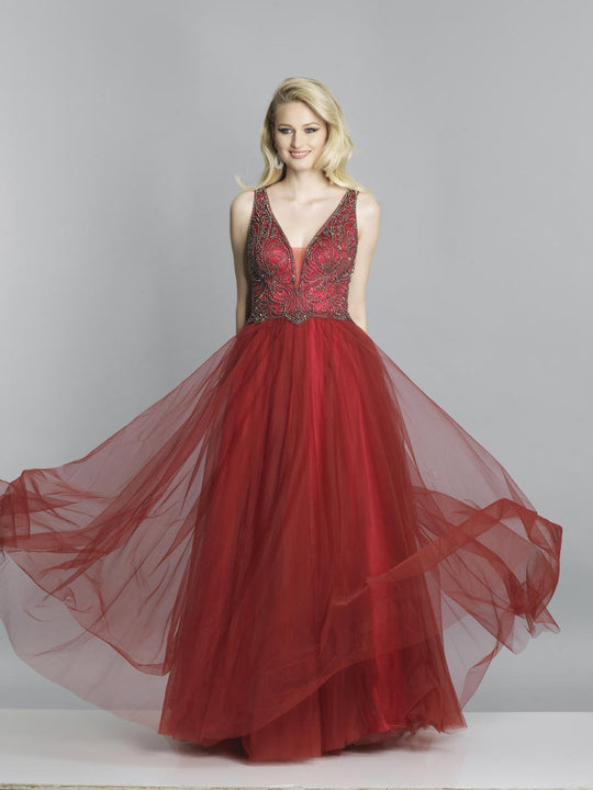 Dave & Johnny - A7688 Embellished Deep V-neck A-line Dress In Red