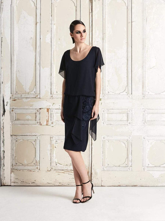 Alexander by Daymor - 768 Short Draped Sleeve Cocktail Dress In Blue