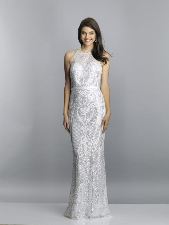 Dave & Johnny - A7697 Embellished Halter Neck Sheath Dress In White