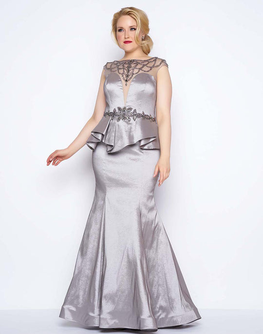 Mac Duggal - 77003F Sheer Neck Glossy Mermaid Gown In Gray and Silver