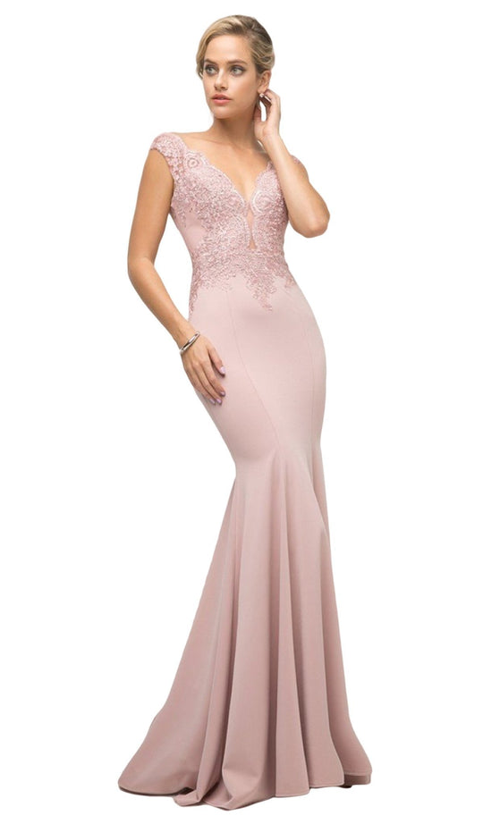 Cinderella Divine - 770 Lace Bodice Stretch Knit Sheath Long Dress In Nude and Pink