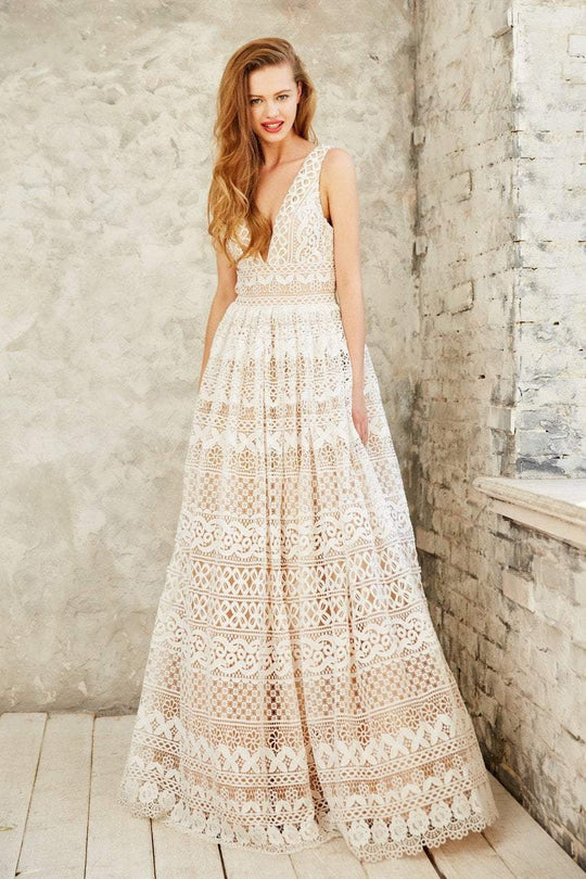 Angela and Alison - Sophisticated V-Neck Laced Ball Gown 771004 in White