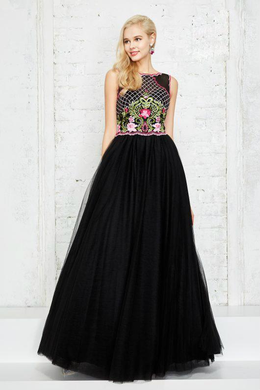 Angela and Alison - Sleeveless Bateau Floral Applique Long Gown 771011 in Black and Floral