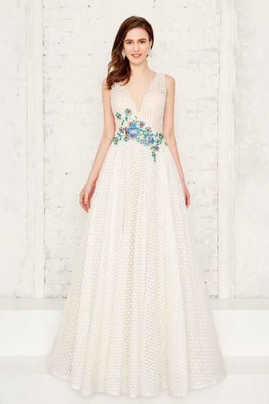 Angela and Alison - Floral Applique V-Neck Long Evening Gown 771014 in White