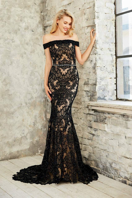 Angela and Alison - Off Shoulder Full Lace Overlay Long Prom Dress 771019 in Black and Neutral