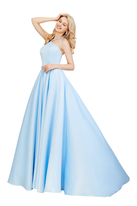 Angela & Alison - Baby Blue, Halter Strap Style Long Satin Ball Gown 771024 in Blue
