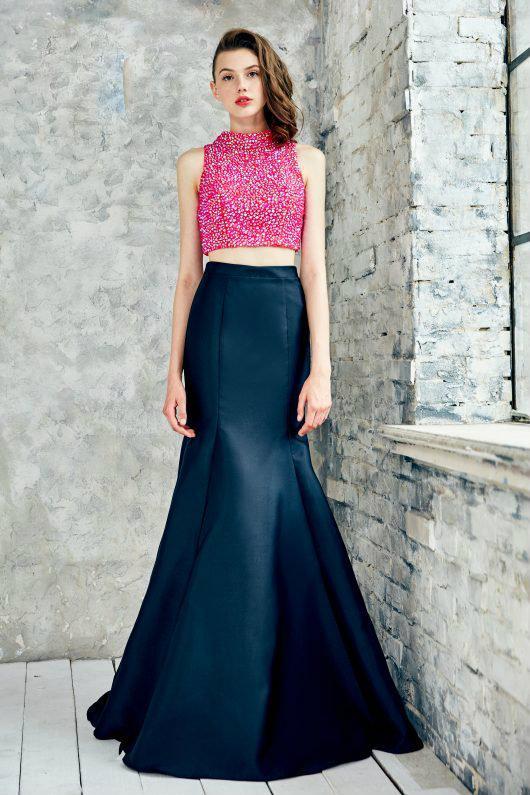 Angela and Alison - Two-Piece Embellished Long Evening with Ruffle Train 771025 in Pink and Black