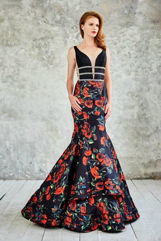 Angela & Alison Floral Print V-Neck Cutout Illusion Long Evening Gown 771030 - 1 pc Black/Floral In Size 4 Available in Black and Floral