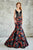 Angela and Alison - Floral Print V-Neck Cutout Long Evening Gown 771030 in Black