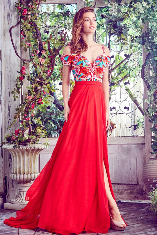Angela and Alison - Off The Shoulder Sweetheart Embroidered Bodice Long Gown 771036 in Red