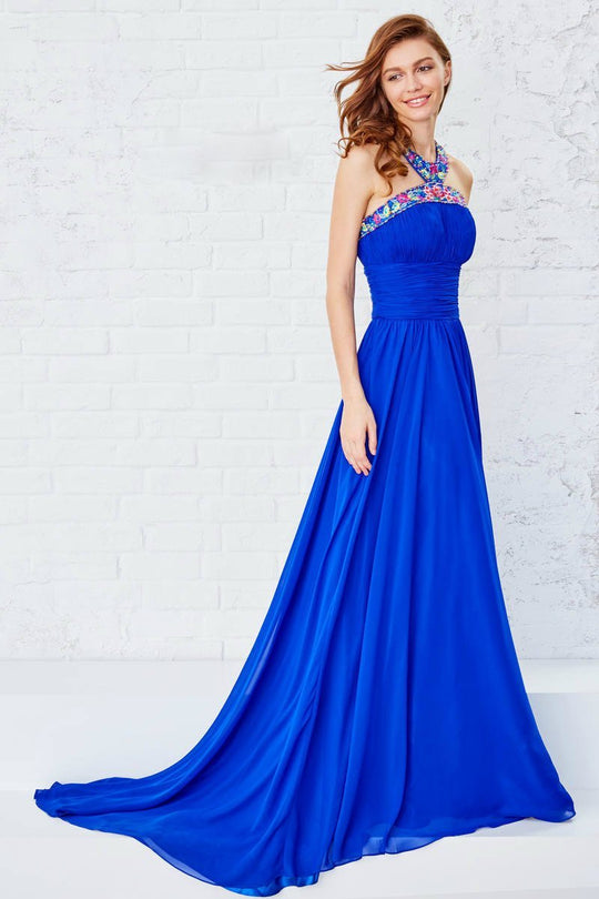 Angela and Alison - Halter Style Multi-Color Floral Strap Long Gown 771044 in Blue