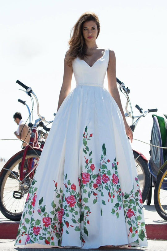 Angela and Alison - Dainty Floral Print Satin Long Evening Gown 771055 in White and Floral