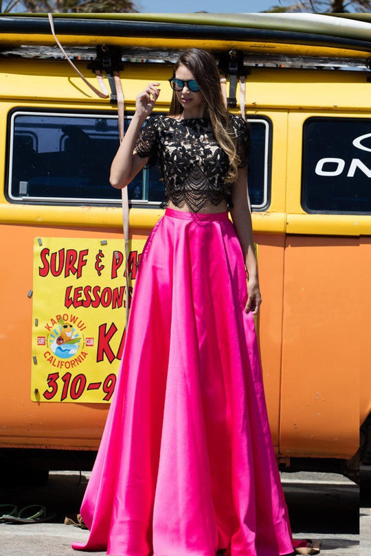 Angela and Alison - Delicate Lace Bateau A-Line Long Evening Gown 771113 in Pink and Black