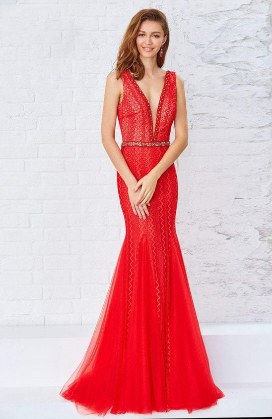 Angela and Alison - Laced and Beaded Deep V Neck Fit and Flare Gown 771142 in Red