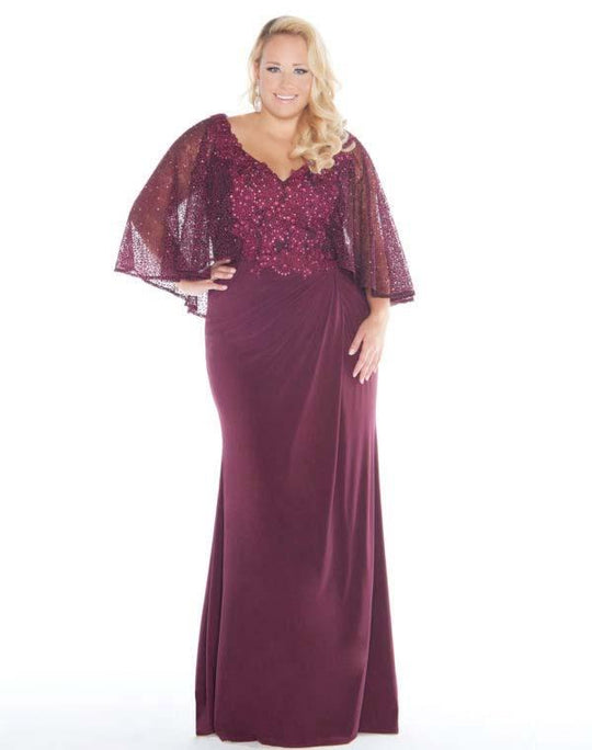 Mac Duggal - 77308F Embellished Cape-like V-neck Sheath Dress In Red