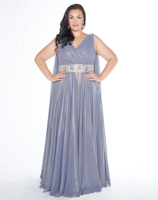 Mac Duggal - 77310F V-Neckline Metallic A-line Gown In Gray and Gold
