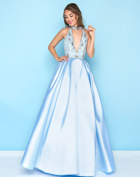 Mac Duggal - 77328H High Halter Neck Beaded Ballgown In Blue