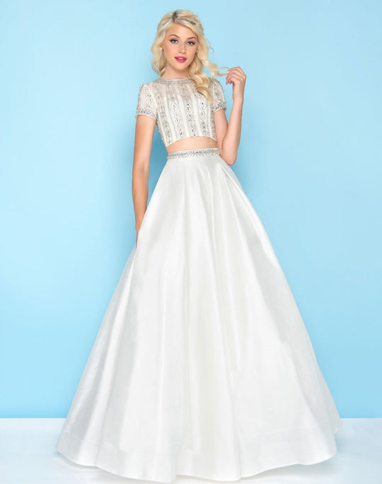 Mac Duggal - 77329H Two-Piece Short Sleeves Beaded Ballgown In White