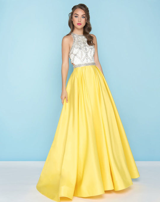 Mac Duggal - 77331H Halter Neck Embellished Ballgown In Yellow